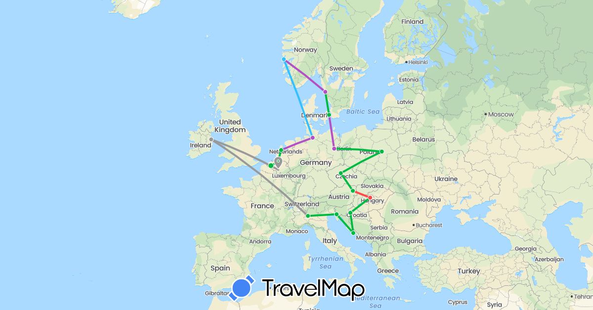 TravelMap itinerary: driving, bus, plane, train, hiking, boat in Austria, Belgium, Czech Republic, Germany, Denmark, Croatia, Hungary, Ireland, Italy, Netherlands, Norway, Poland, Sweden (Europe)
